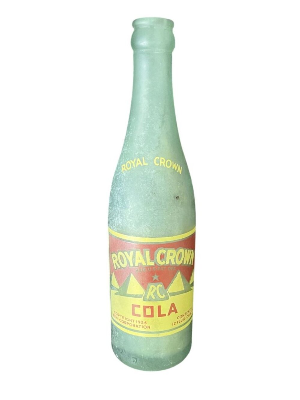 Vintage 1936 Royal Crown RC Cola Glass Bottle 12oz Green Duraglas Nehi Corp